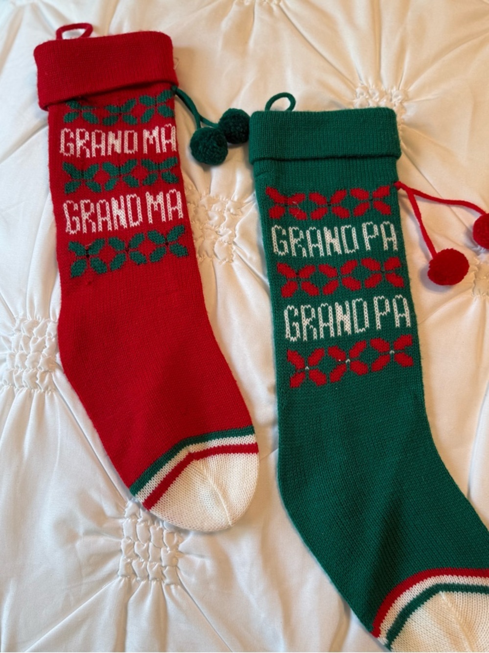 Vintage 80’s Grandma & Grandpa Knit Christmas Stockings - Red & Green